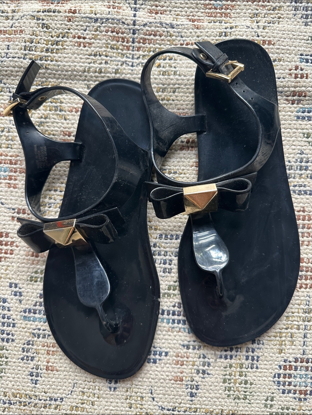 Michael Kors Black Bow Thong Sandals with Gold Pyramid Detail
